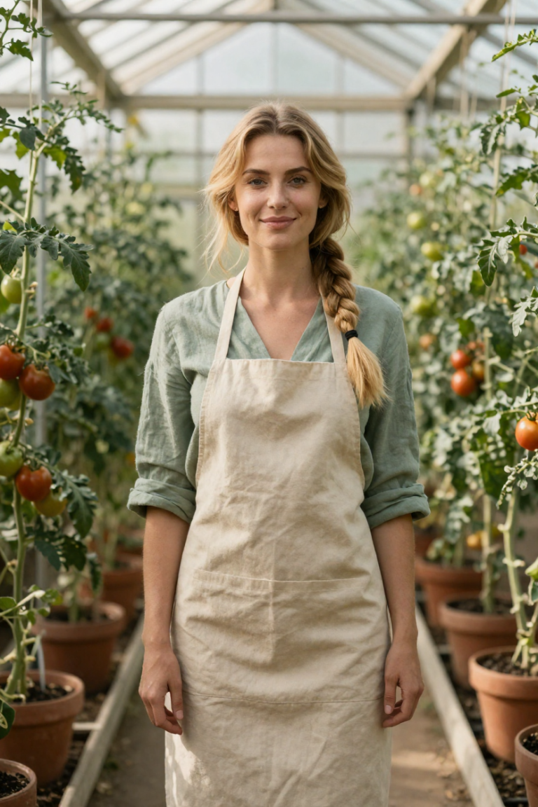 YieldFarming studio portrait of a fictional adult woman with a sandy-blonde fishtail plait, wearing a sage-green linen dress and canvas apron among tomato vines in a sunlit greenhouse